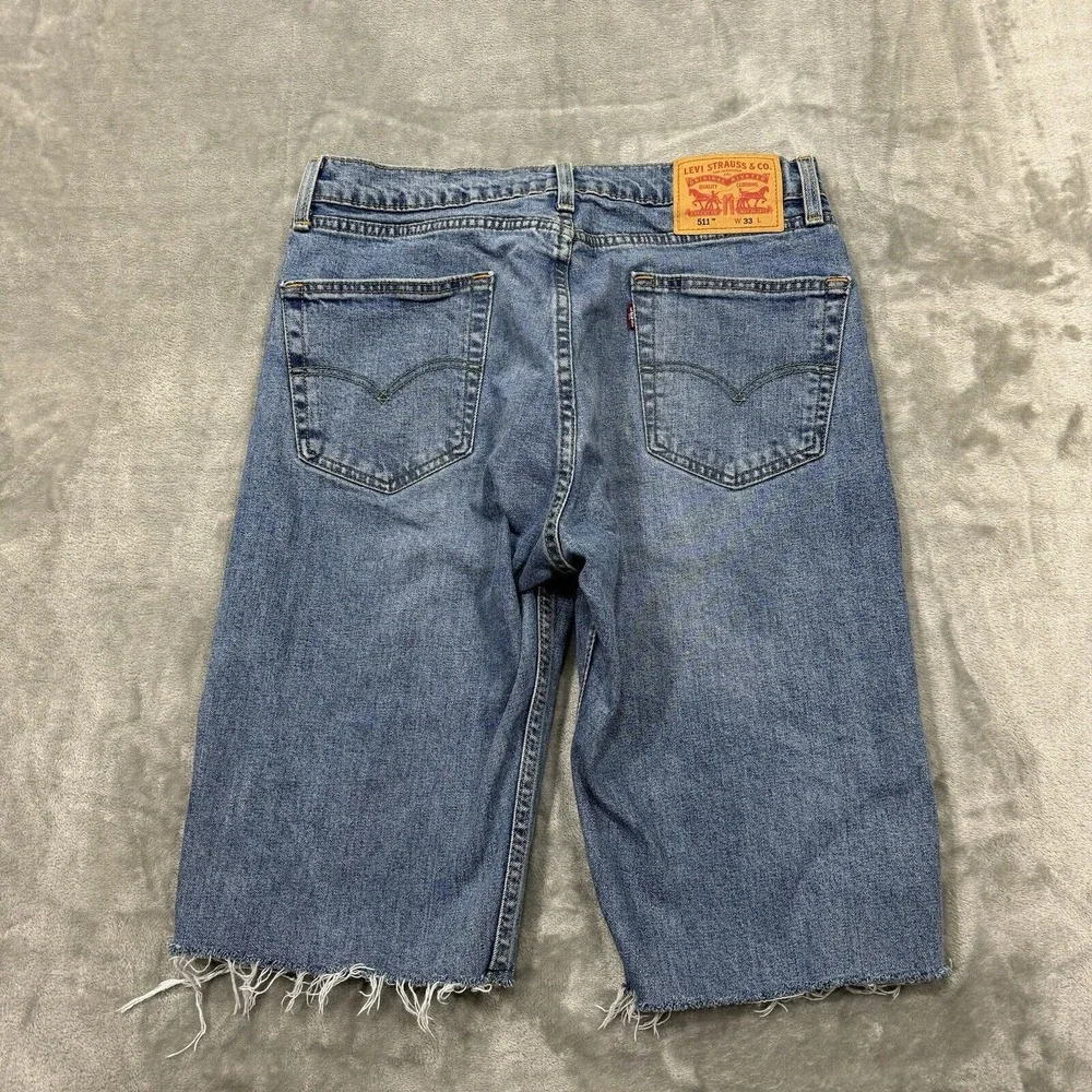 Levis Shorts Mens 33 Blue 511 Slim Cut Off Medium Wash Denim Pockets Logo Casual